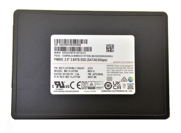 MZ7L33T8HBLT-00A07.jpg MZ7L33T8HBLT-00B7C - Samsung PM893 3.84TB 6Gb/s SATA TLC 2.5" SFF SSD - Image 1