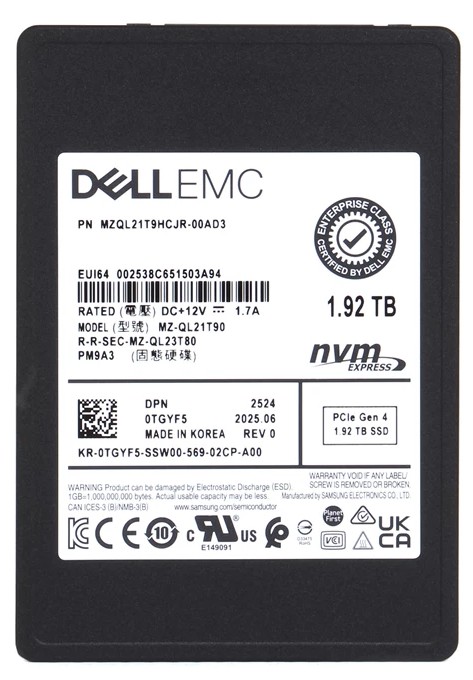 MZQL21T9HCJR-00AD3.jpg MZQL21T9HCJR-00AD3 - Samsung PM9A3 1.92TB PCIe NVMe TLC U.2 2.5" SSD - Image 1