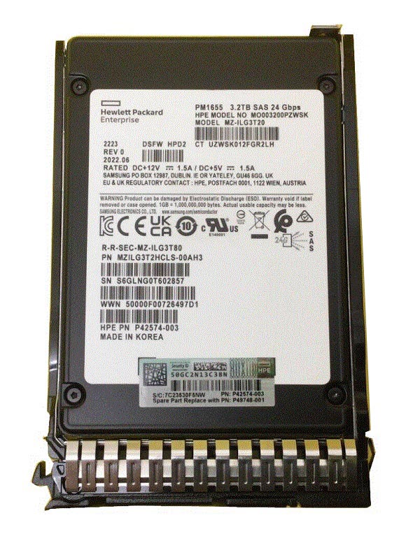 P42574-003.jpg P42574-003 - HPE 3.2TB SAS Triple-Level Cell 2.5" Solid State Drive - Image 1