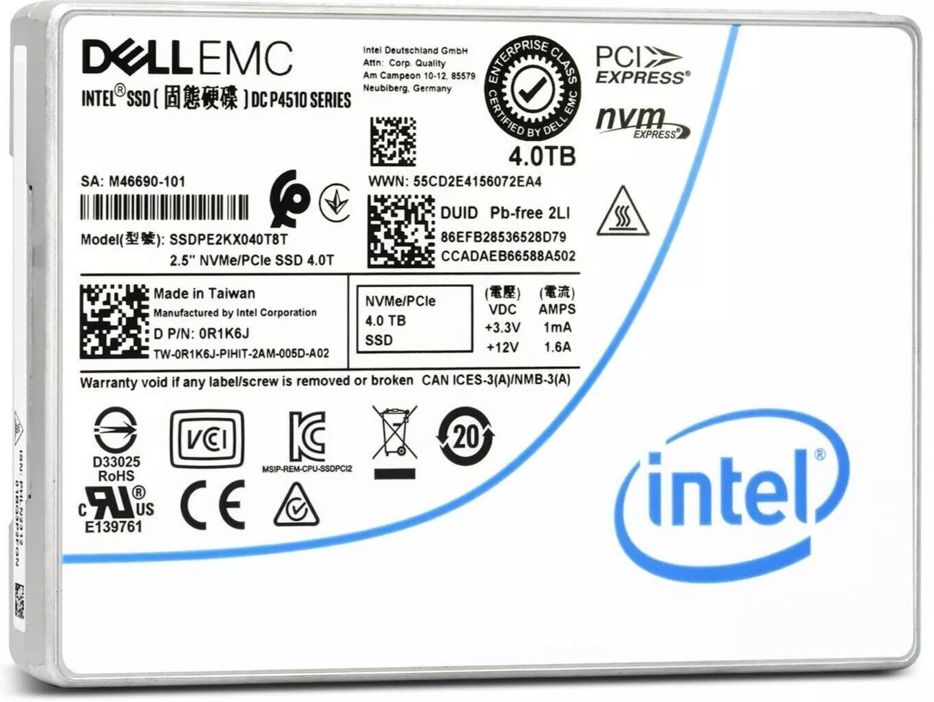 SSDPE2KX040T8T1.jpg SSDPE2KX040T8T - Intel DC P4510 4TB PCI Express NVMe TLC 2.5" SSD - Image 1