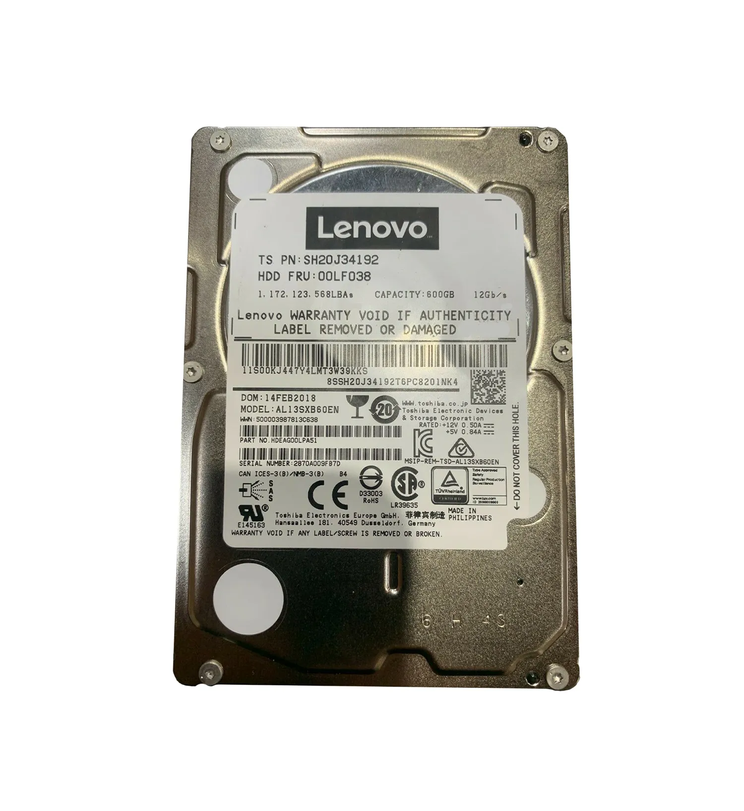 00LF038.webp 00LF038 - Lenovo 600GB 15000RPM SAS 12Gb/s 2.5-in Hard Drive - Image 1