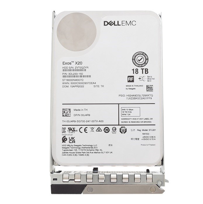 389642_0 Dell EMC 0J4R9 18TB 7.2K RPM SAS 12Gbps 512e 3.5inch Hot-Plug Hard Drive with Kit - Image 1