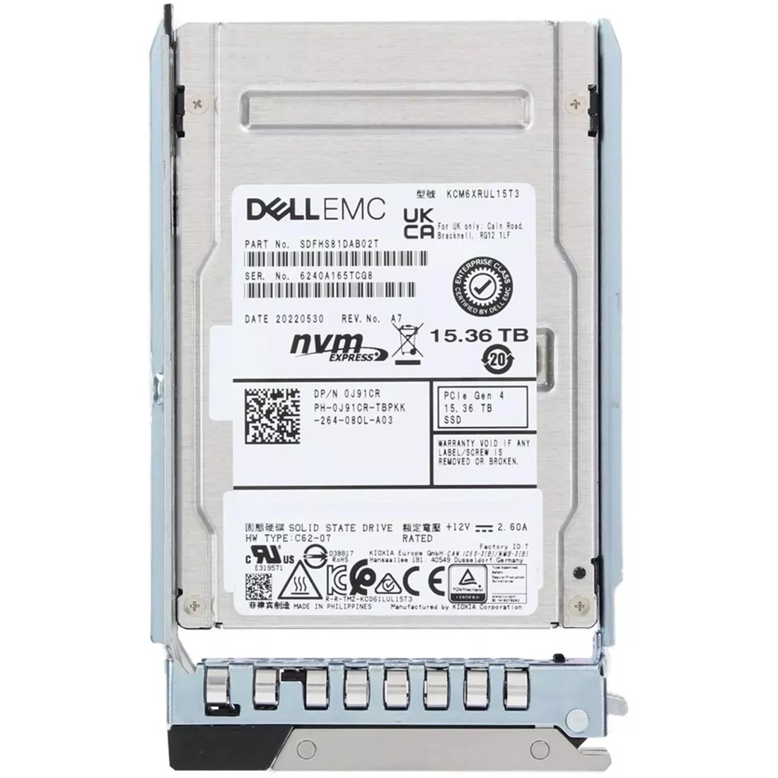 421863_0 Dell 0J91CR 15.36TB PCIe Gen 4.0 x4 8GB/s 3DTLC U.3 NVMe 2.5 SSD - Image 1